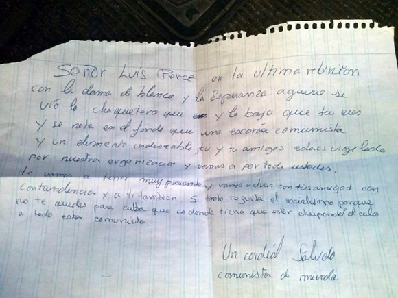 Nota de amenaza al cubano emigrado Luis Pérez con la que pretenden apagar la solidaridad con Cuba. Tomada de Cubainformación