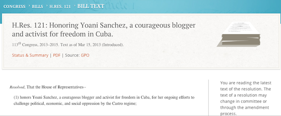 La Resolución dice:onra a Yoani Sánchez, bloguera y activista valiente por la libertad en Cuba, por sus constantes esfuerzos para desafiar la opresión política, económica y social por parte del régimen de Castro; 