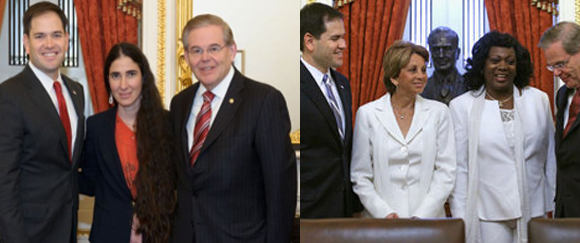 Yoani Sánchez y Berta Soler, cumplimentan el itinerario de la disidencia cubana y se "abrazan" a Marco Rubio y Bob Menéndez, dos de  los políticos de Miami que favorecen las restricciones económicas impuestas por EE.UU. contra la Isla. 