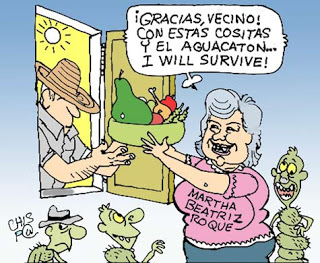 Martha Beatriz Roque protagonizaría la huelga de hambre que llevó por nombre "La huelga del aguacate", al ser descubierta alimentándose. Caricatura tomada de La Chispa prendida